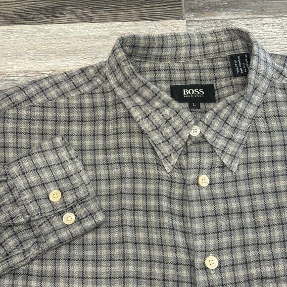 Hugo Boss Graph Check Plaid Black Gray White Mens L Chest Pocket Button Up Shirt - Picture 1 of 8